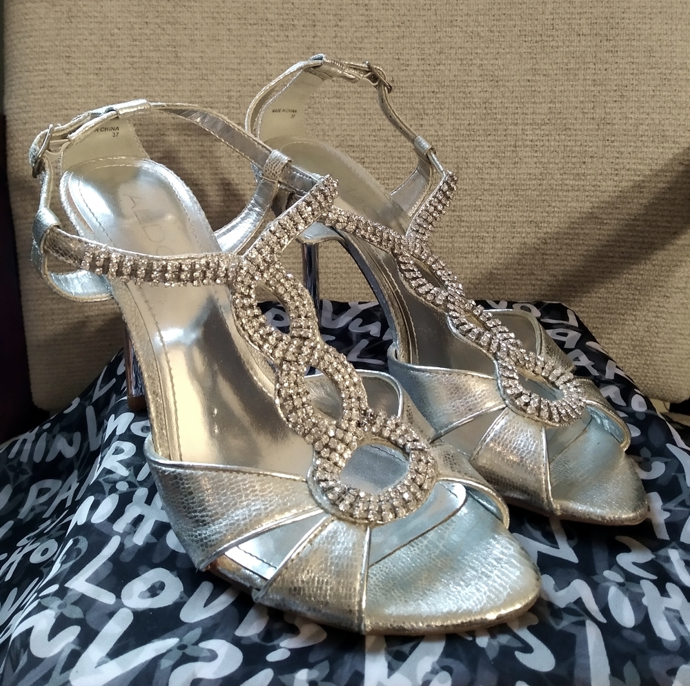 Aldo silver formal high heels w/ gem twist detail